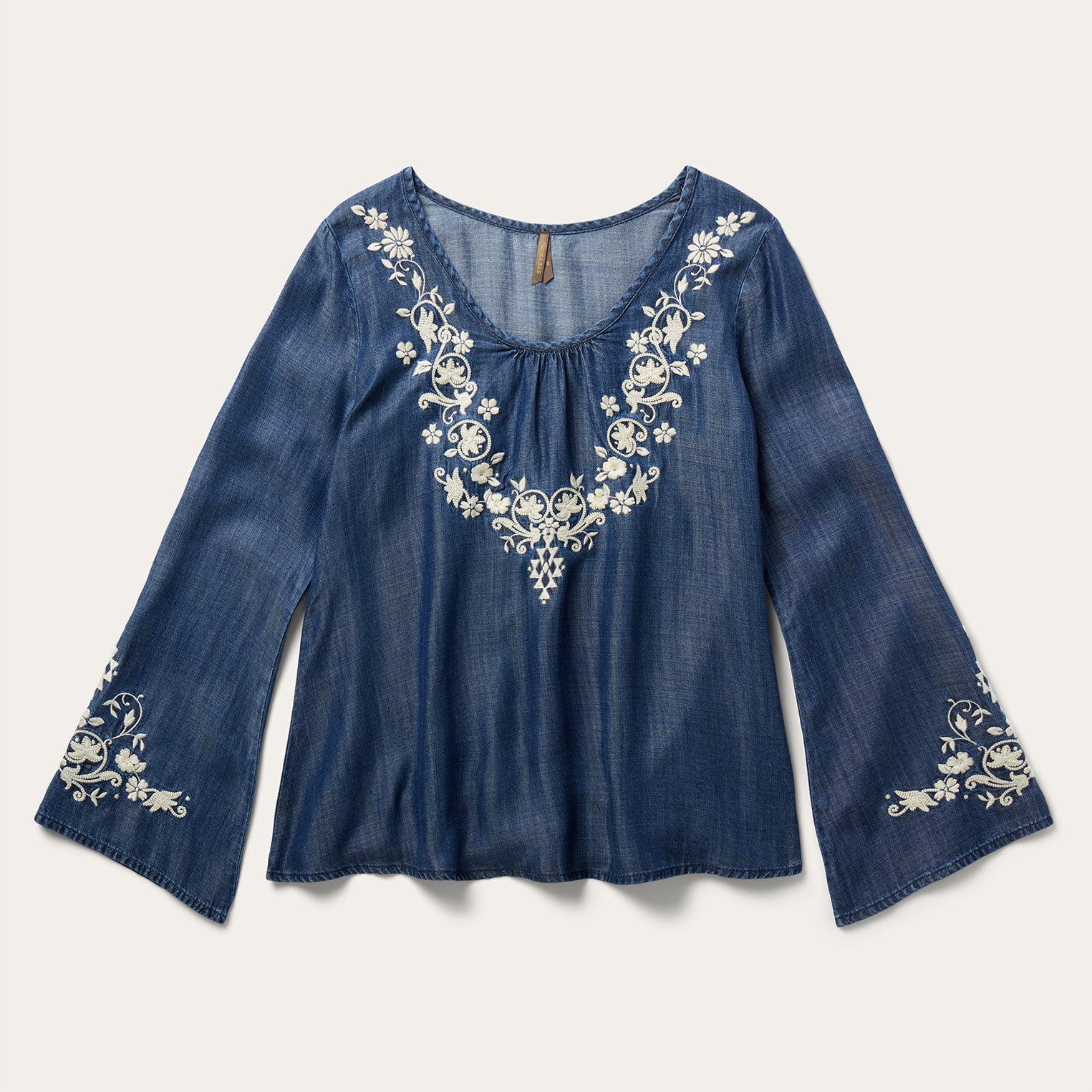 Embroidered Denim Peasant Blouse