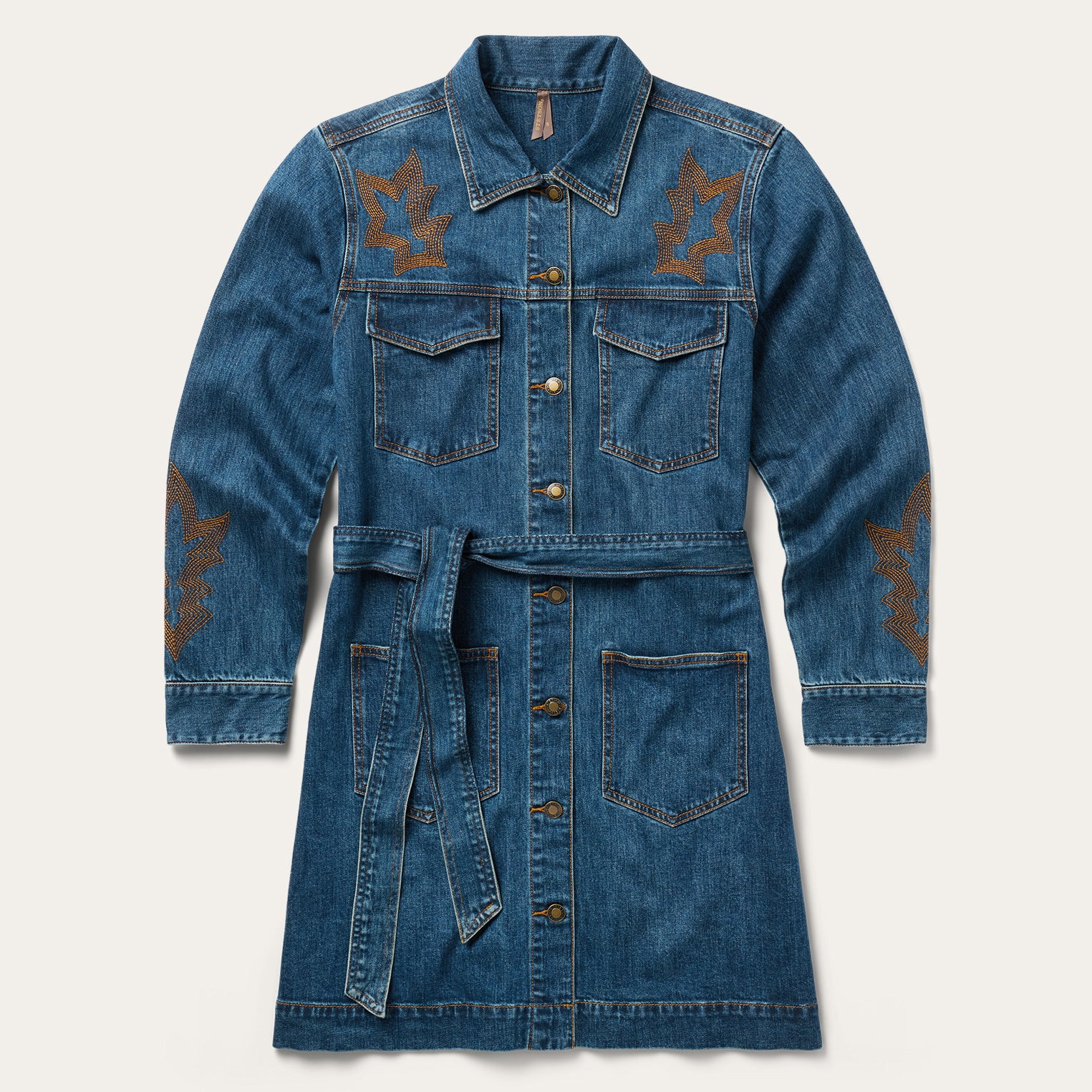 Embroidered Stretch Denim Shirt Dress