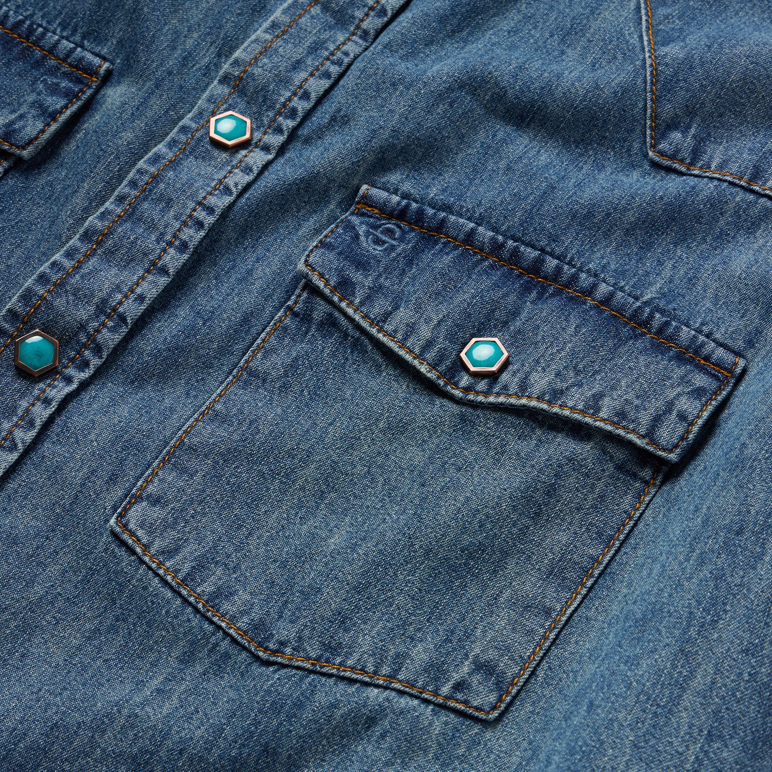 Turquoise Snap Short Sleeve Denim Shirt - Image 5